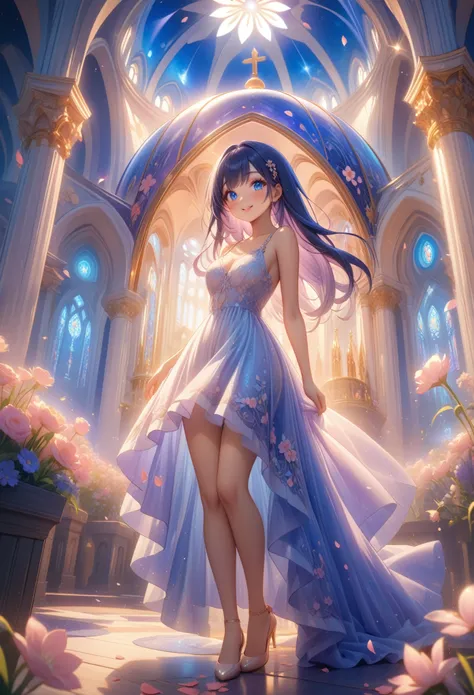 score_9, score_8_up, score_7_up, anime, young woman,  sexy , Charming, beautiful makeup,  Intricate detail Spring Night Dress, Some Jewelry ,  Long Curvy Hair ,  Bright blue eyes ,  Background Church Dome with Patterns ,  Standing near the Dome ,  sunny we...