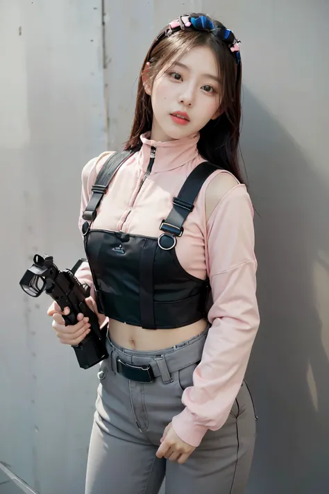 (Highest image quality, outstanding details, ultra-high resolution), (realism: 1.4), favor details, highly condensed 1 beautiful Korean girl, with a delicate and beautiful face, ((cowboy shot)), (a bit chubby:0.4), (wearing black racing suit likes police u...