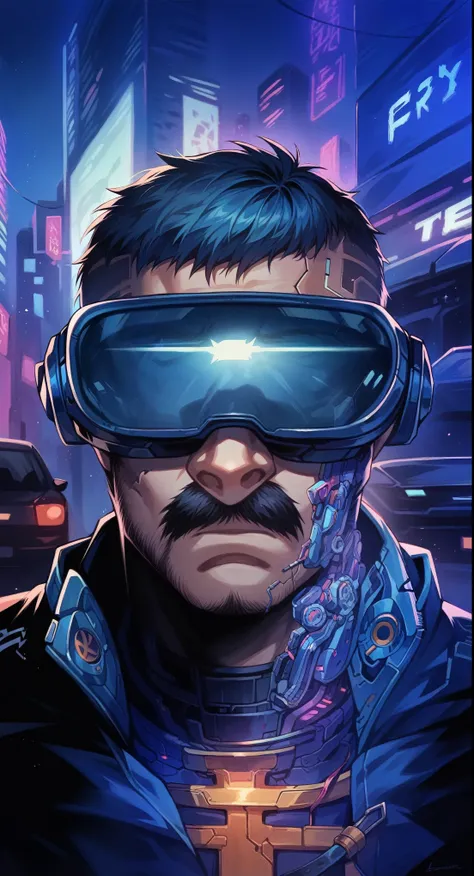 "A man with a futuristic look in a cyberpunk night setting. He is wearing virtual reality goggles that cover his eyes, with luminous and digital details reflected in the lenses. He has a serious face with a slight beard and mustache, and his outfit is tech...