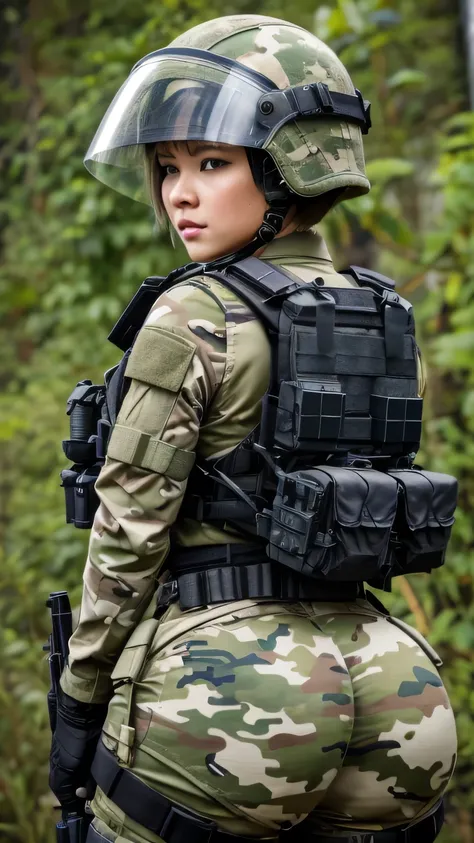 a contractor young girl, Japanese and Russian facial features, white french bob haircut, wearing full equip militar camouflage, chest rig tactical vest, ballistic helmet with face shield, fully dressed, sweaty body, voluptuous body, focusing on her ass, me...