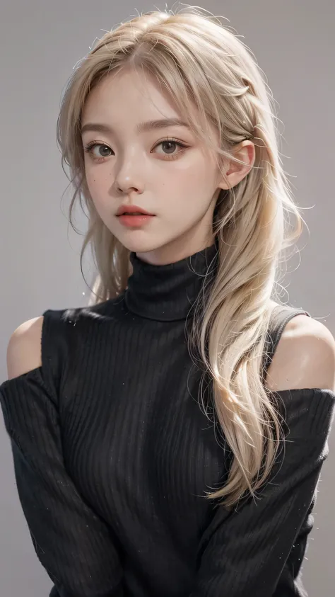 Girl  , shoulder length hair, wavy hair, glowing skin, star in eye,  grey  background, cute poses , upper body, light blonde hair ,  , wearing black mask , face mask , pink turtle neck sweater 