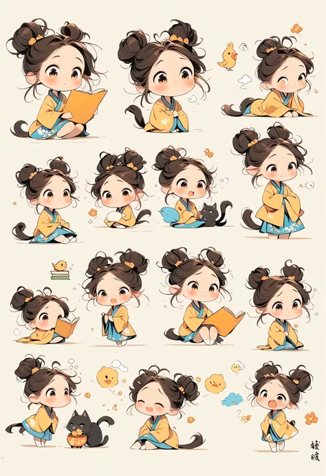 (masterpiece, best quality:1.2), 1 girl, alone，big eyes，a cute chinese girl，shirt，horse face skirt，Birds in the air，Cartoon style character design，exaggerated expression，hair texture，messy bun，a cat,Cartoon style character design.A little girl in a white r...