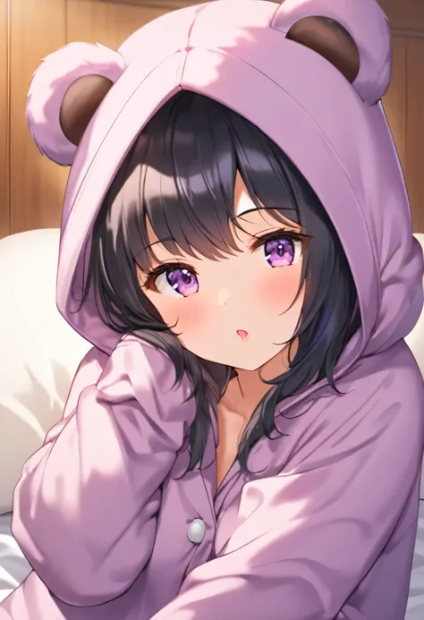 {worst quality, low quality}, (Close-up), (face focus), ((Bear-eared furry girl)), solo, ((Black hair berry berry short)),  plump and glossy lips, beautiful clear purple eyes, spoken word heart, Large slouched posture, (Fluffy bear costume pajamas:1.4), (o...