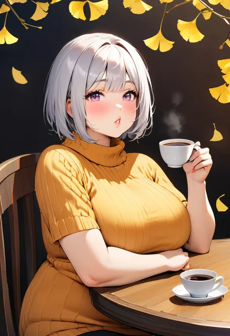 {worst quality, low-quality},Background of an open cafe facing a row of ginkgo trees, face focus, girl with short cut silver hair, beautiful eyes, plump lips, cheeks dyed red, light brown high neck, body line looks beautiful, fit body She is wearing a knit...