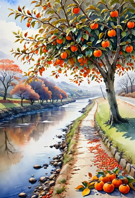 Watercolour painting, persimmon tree with persimmon, persimmon tree along country road, river in distance, small bird, fallen leaves.