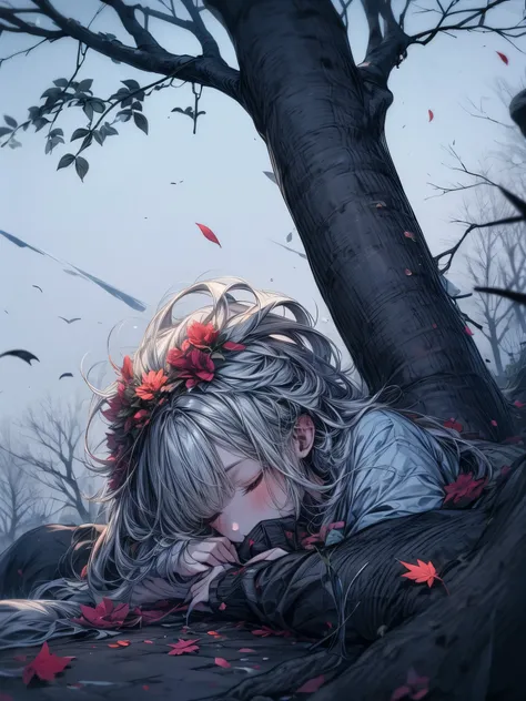 The sky is dyed grey,
The wind is cold and blows
tree々Drop leaves
flower々falls asleep