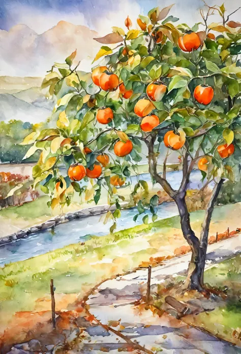 Watercolour painting, persimmon tree with persimmon, persimmon tree along country road, river in distance, small bird, fallen leaves.