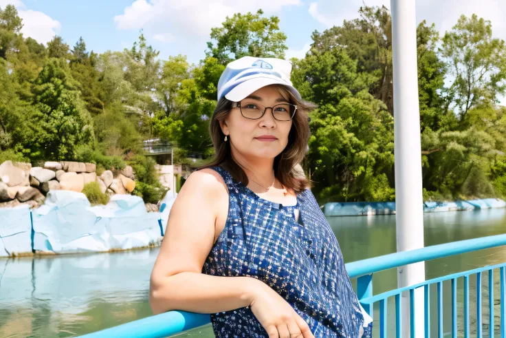  45-year-old woman wearing a blue blouse and cap, standing on a bridge , taken in 2019 , portrait of a 40 year old woman, environmental portrait, portrait image