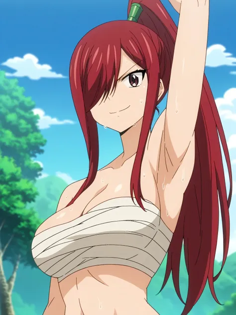 score_9, score_8_up, score_7_up, source_anime, anime screencap, 1girl, solo, erza scarlet, long hair, red hair, hair between eyes, brown eyes, large breasts, navel, cleavage, bare shoulders, ponytail, japanese clothes, hair over one eye, high ponytail, sar...