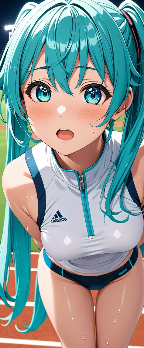 ( Hatsune Miku)、 Light Blue Twin Tails 、(masterpiece,Best Quality, ultra high resolution),(((A very beautiful 30 year old woman ))),( Track and Field Uniforms )、Anime Face、masterpiece, Best Quality, Best Quality, 16k, very detailed, AI-generated, Delicate...