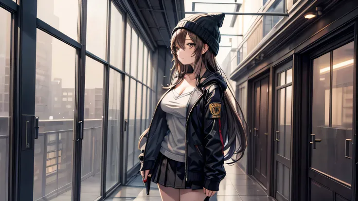  masterpiece ,  lyrics,  well detailed ,  a beautiful woman in a lonely corridor ,  long hair , straight hair,  brown hair, brown eyes, beautiful eyes,  smiley face,  big breasts, juicy breasts,  Open shirt, short skirt, black jacket, black beanie hat,  ri...