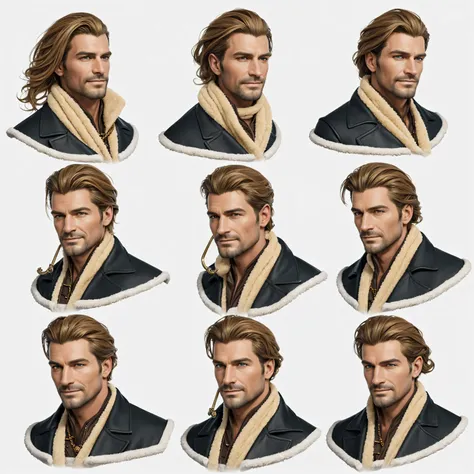 masterpiece, best quality, extremely detailed, hyperrealistic, photorealistic, a cool 40s man, ultra detailed face:1.1, fur-trimmed coat, scarf around the neck, his left hand is a golden pirate hook:1.1, sly smile, rooftop, from above:1.1