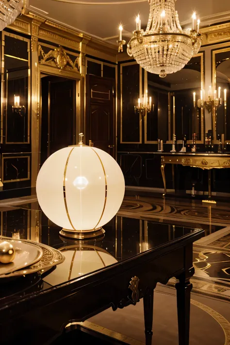 4K resolution, salle déserte dun palace de style gothique luxueux avec boule disco et taches de lumière colorées