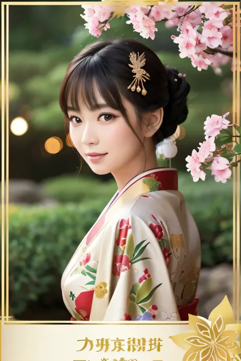 A New Years greeting card design for 2025 featuring a cute snake and a beautiful woman in a kimono. The snake has shiny, delicate scales and a gentle expression with large, friendly eyes. The woman is dressed in a traditional, vibrant kimono adorned with f...