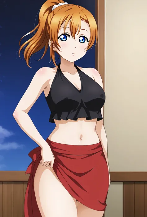 1girl, ponytail, blue eyes, beautiful detailed eyes, extremely detailed face, long eyelashes, love live, kousaka honoka, nigh , cowboy shot , black crop blouse, sleeveless, halter neck,(covered erect nipples:0.7),red skirt, navel,thick thighs 