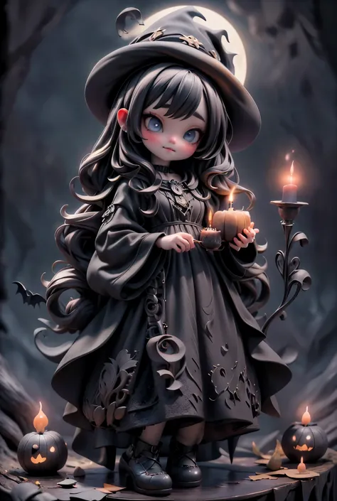 a cute witch, beautiful detailed eyes, beautiful detailed lips, extremely detailed face, long eyelashes, witch hat, black dress, stirring a cauldron, pumpkins, jack-o-lanterns, spooky forest, full moon, bats, candles, (best quality, 4k, 8k, highres, master...