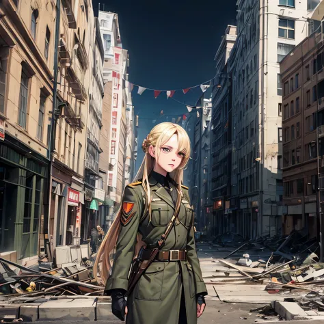  long blonde hair 　Senior Officer　soldier　battlefield　Ruined city