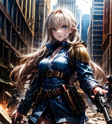 　Ruined city　soldier　Senior Officer　 blonde long hair　Beauty　Gunfight