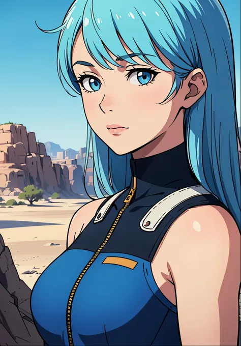 Beautifully drawn, high quality, ultra-detailed CG illustration of a young woman with a serene expression, gazing into the distance with her striking light blue hair gently waving in the desert breeze. The scenery behind her is vast and breathtaking, drawi...