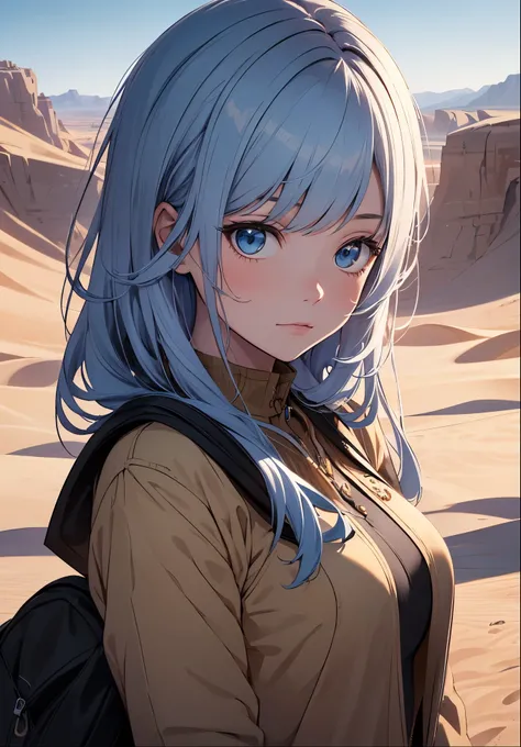 Beautifully drawn, high quality, ultra-detailed CG illustration of a young woman with a serene expression, gazing into the distance with her striking light blue hair gently waving in the desert breeze. The scenery behind her is vast and breathtaking, drawi...