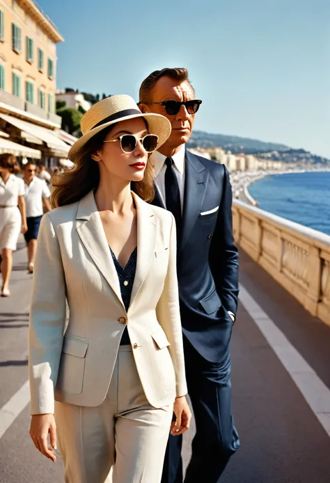 "Create an image of a suave and confident James Bond and a classy woman, casually dressed, driving a 1960s sports car along the French Riviera. Bond is wearing a stylish yet relaxed outfit—perhaps a light linen blazer, open-collared shirt, and trousers—per...