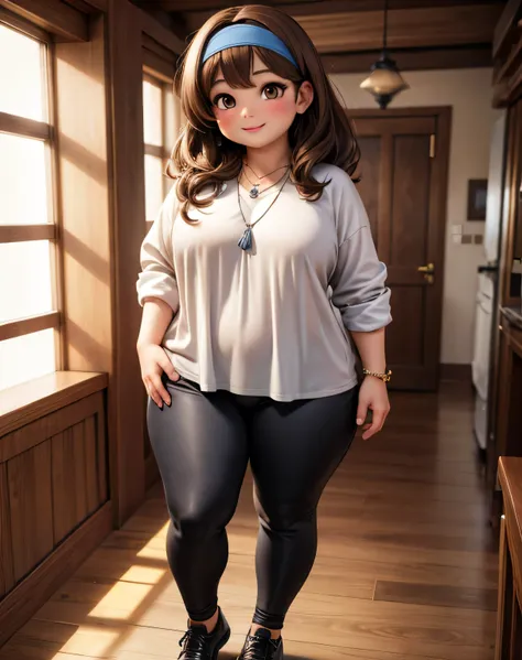 full body woman, chubby woman, very sexy, medium hair,  brown hair, brown eyes, straight hair, with black pants, headband, A little bit of wadding, with a blue blouse, hair back, necklace with a silver heart,  smiling,