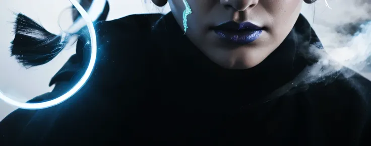  Magazine cover . dark background, white smoke , blue neon , black lips,  black eye with beautiful eyelashes.