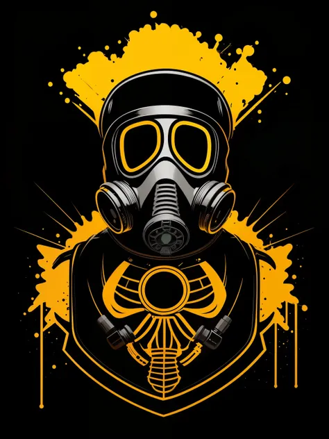 pixador skeleton with gas mask and cap, splash, spray, tracks, 80's, vector image, t-shirt design, isolated, black background, i...