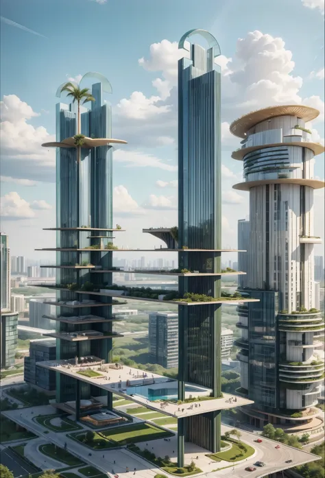 city plan, roads, parks, cars, amazing huge buildings , big towers, small pools, trees, blue sky, standing upright