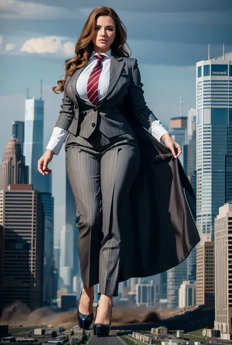 A sophisticated and stylish woman in a grey pinstriped trouser suit, white smart shirt, and a large wide red necktie in a windsor knot, with a beautiful, curvaceous figure, massive breasts, and long ginger wavy hair, with a curvaceous figure and massive br...