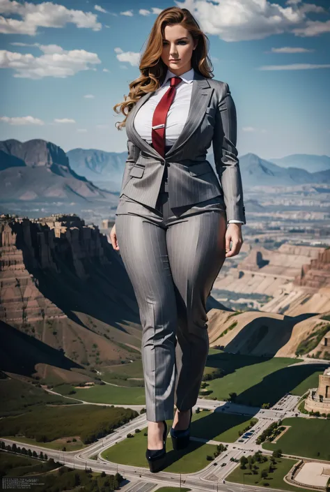 A sophisticated and stylish woman in a grey pinstriped trouser suit, white smart shirt, and a large wide red necktie in a windsor knot, with a beautiful, curvaceous figure, massive breasts, and long ginger wavy hair, with a curvaceous figure and massive br...