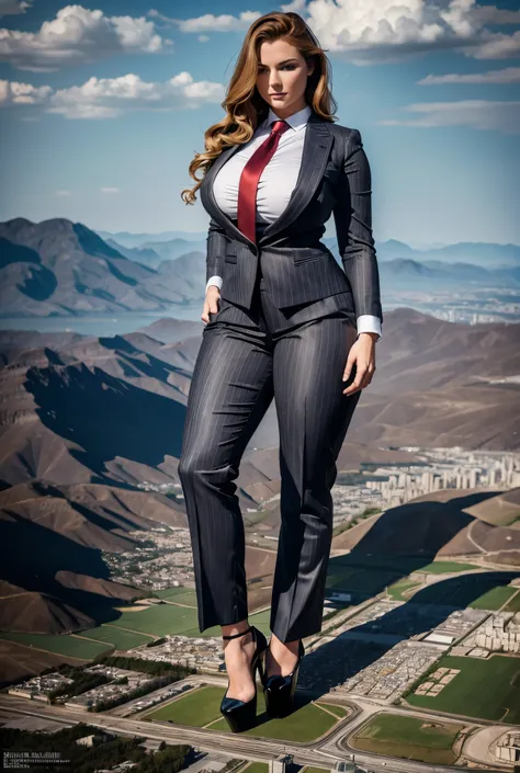 A sophisticated and stylish woman in a grey pinstriped trouser suit, white smart shirt, and a large wide red necktie in a windsor knot, with a beautiful, curvaceous figure, massive breasts, and long ginger wavy hair, with a curvaceous figure and massive br...