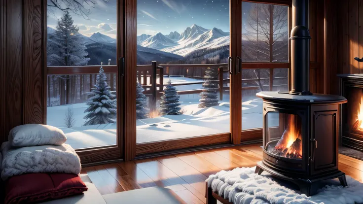 A luxurious cabin in the snowy mountains, cozy fireplace, plaid blankets, and hot cocoa, panoramic windows reveal a winter wonderland, the scene evokes warmth and serenity, 3D rendering