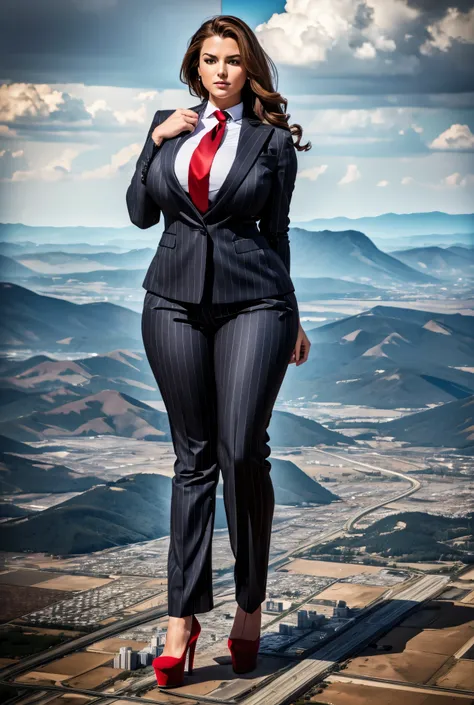 A sophisticated and stylish woman in a grey pinstriped trouser suit, white smart shirt, and a large wide red necktie in a windsor knot, with a beautiful, curvaceous figure, massive breasts, and long bright red wavy hair, with a curvaceous figure and massiv...