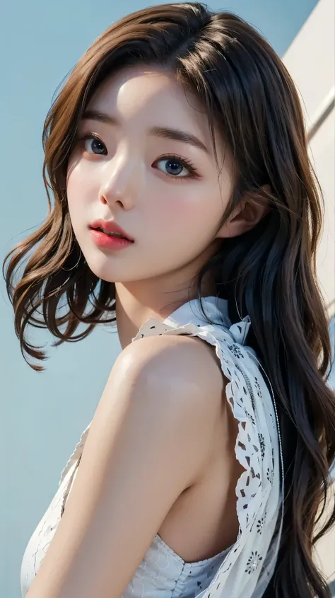 (masterpiece), (top class), (highly detailed), (illustration), (1girl), looking at the viewer, (interview), beautiful detailed eyes, delicate and beautiful face, floating, (high saturation), (shining), blue sky, bright and beautiful face, the skin is young...