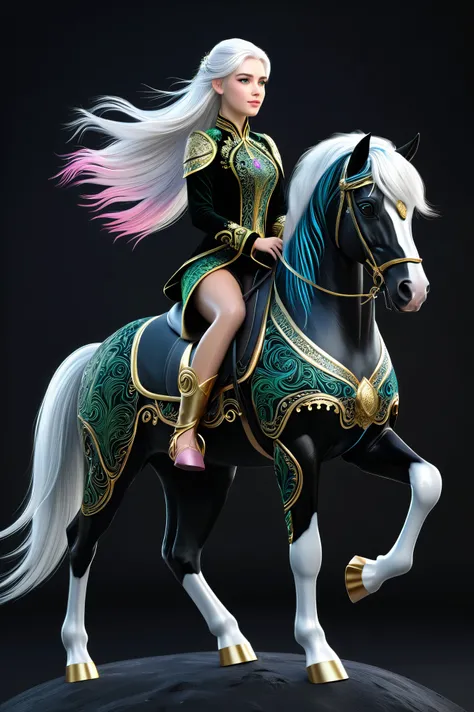 A 3D render of a young woman with white hair and pink, blue, and silver streaks. She has beautiful green eyes and is sitting gracefully on a majestic black horse. The horse is adorned with intricate patterns and colors. The womans outfit is black and is ma...