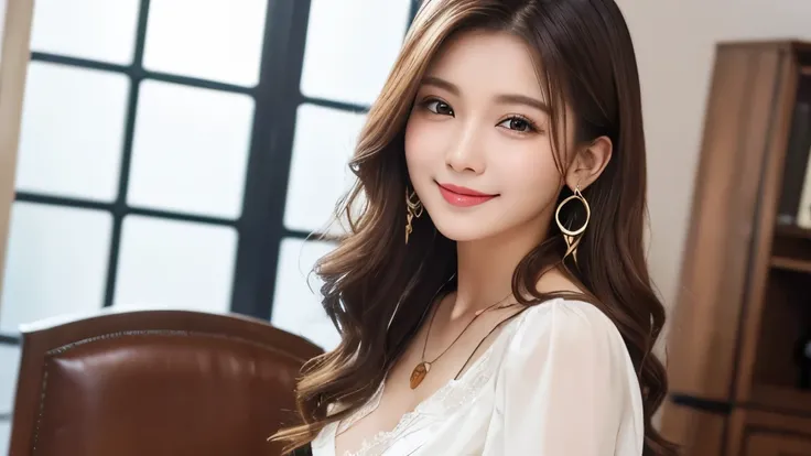  High Quality、 high resolution on down、8K wallpaper、Dense and beautiful eyedium hair、(Beautiful breasts:1.3)、 NATURAL COLOR LIPS 、Women、Brown Hair、smile、 semi-long hair、Hair tied up、 wearing necklaces and earrings、Home、black frilly blouse、 shorts、workplace