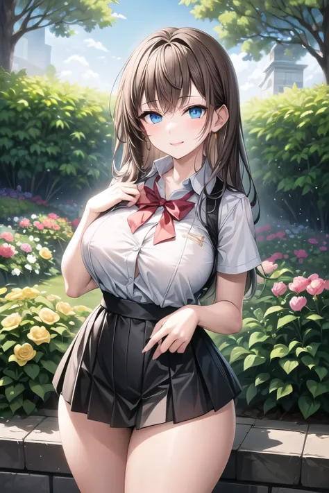 (( a girl)),((cowboy shot)),(( breasts)),(( high resolution)),((  Lighting and color)),(( smile)),(( Blue eyes)),((  masterpiece  )), ((quality)),    is in a serene garden bathed in soft sunlight  . Her length ,   light brown hair flows elegantly  , and hi...