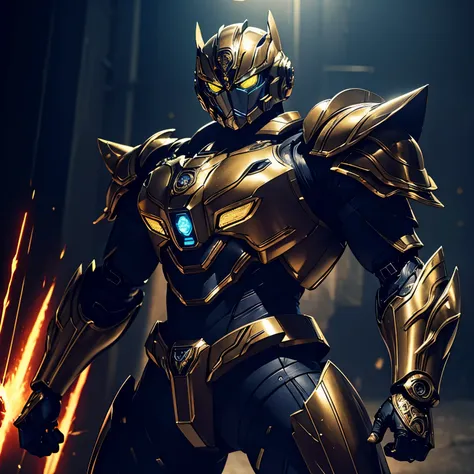 a highly detailed, cinematic tokusatsu-style mecha suit with intricate metallic armor, glowing energy core, and an imposing pres...