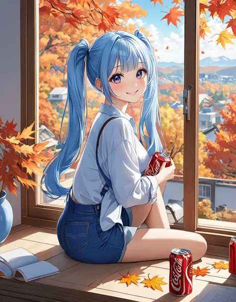  long light blue hair、Beautiful girl with twin tails、 drinking a can of cola 、smile、Blue denim binder 、Outside the window is a landscape of autumn leaves、 bright room with sunlight 