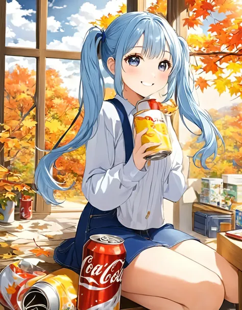  long light blue hair、Beautiful girl with twin tails、 drinking a can of cola 、smile、Blue denim binder 、Outside the window is a landscape of autumn leaves、 bright room with sunlight 