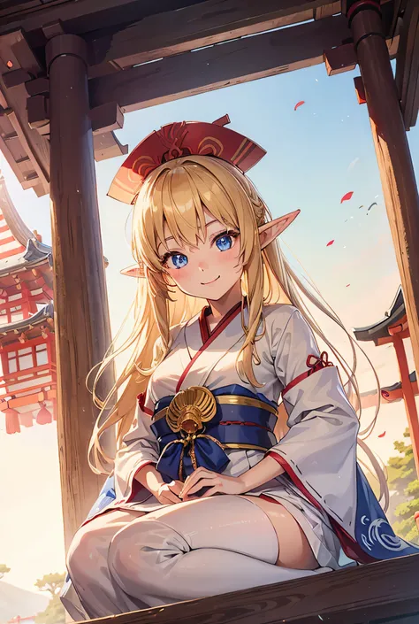 one girl, Long Hair, Big smile, blonde, Blue Eyes, Shrine maiden, shrine,  high resolution model , Elf,  Look Down, 