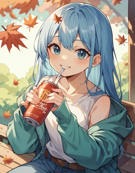  long light blue hair、Twin-tailed Chibi Character、Drinking a can of juice、smile、Blue denim binder 、Autumn leaves park、