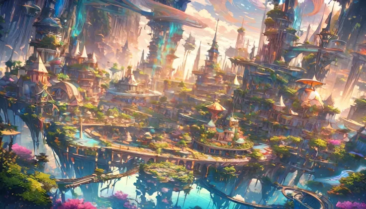  wonderful,  High quality futuristic city of elves and the architectural style of elves, magic wizards are far away　they capture the beauty and grandeur of nature . metropolis,  There are lots of elf buildings ,  Images must include vivid colors ,  intrica...