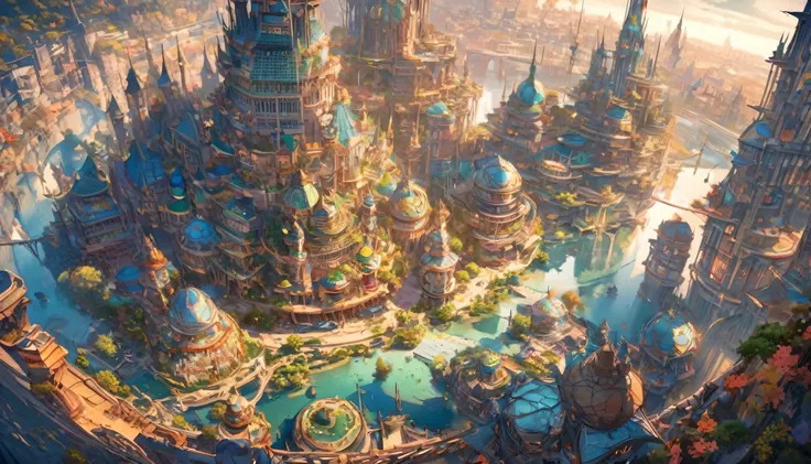  wonderful,  High quality futuristic city of elves and the architectural style of elves, magic wizards are far away　they capture the beauty and grandeur of nature . metropolis,  There are lots of elf buildings ,  Images must include vivid colors ,  intrica...