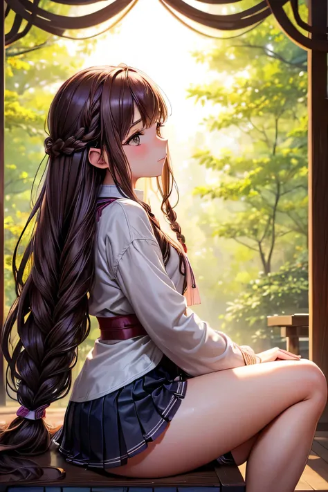 "young Lilim with brown braided hair in a Magicians robe, looking shy and gentle, warm light and the woods."(panty shot), (((photo taken from the side))),(mini-skirt),(spread legs),(((spreading legs)))