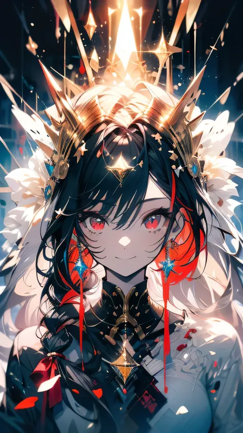 Looking at viewer, detailed face, 1girl, High Resolution,Smile, Red Eyes, Silver and Gold Hair, Award Winning, Very Long Hair, Multicolored Hair, Jewelry, Overexposure, full body, Angel wings, High Resolution, 