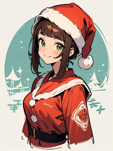 Alone,upperbody,brown hair,(blunt bangs),green eyes,cute smile, Santa Claus clothes 、Santa Claus hat、cute model pose,white simple background,(manga style),(sketch),(illustration),