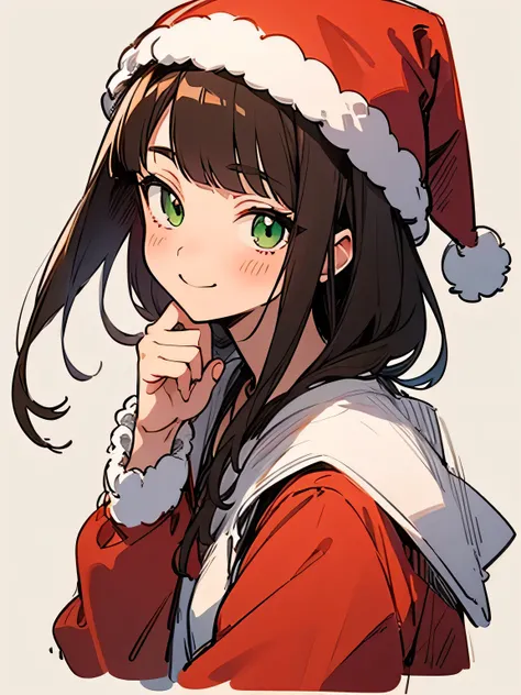 Alone,upperbody,brown hair,(blunt bangs),green eyes,cute smile, Santa Claus clothes 、Santa Claus hat、cute model pose,white simple background,(manga style),(sketch),(illustration),