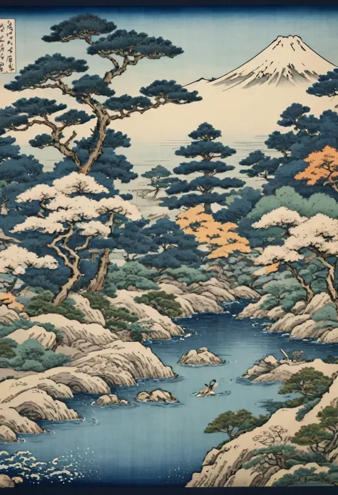 close up View of a japanese garden, by Katsushika Hokusai, best quality, masterpiece, 8k, Representative work, official art, Professional, Ultra intricate detailed